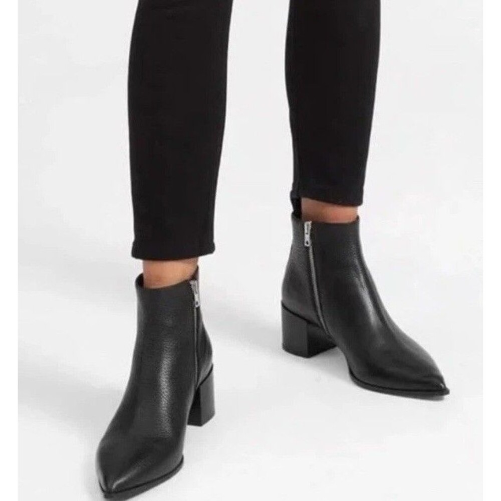 Everlane Boss Boot Black Leather Ankle Booties Pointed Toe Zip Block Heel Size 7